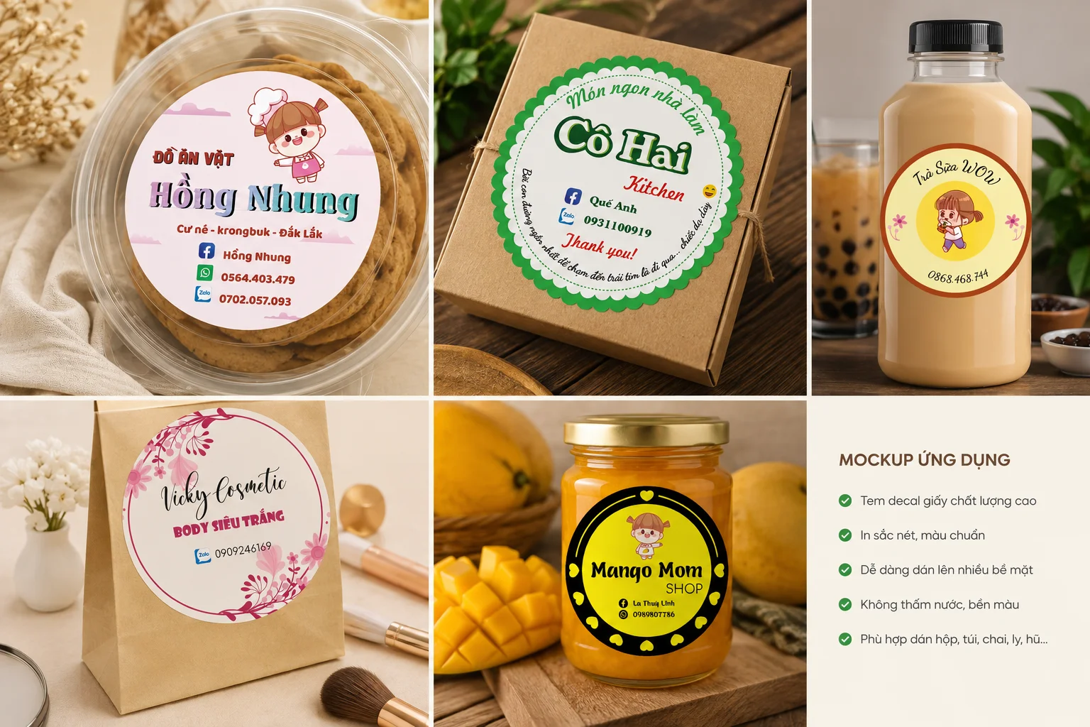 Mockup tem nhãn dán hộp bánh, túi giấy, chai trà sữa và hũ mứt cho sản phẩm handmade, đồ ăn vặt