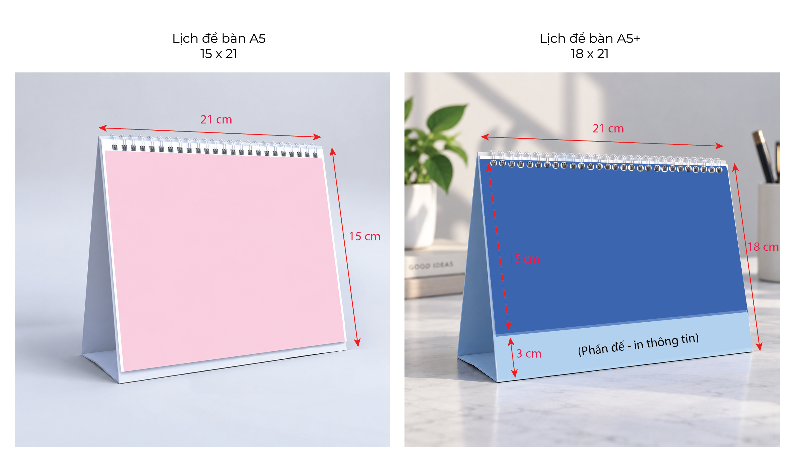 So sánh 2 size lịch để bàn phổ biến: A5 (15x21cm) và A5+ (18x21cm)